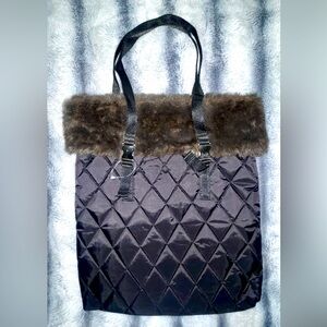 Limited Edition Bath & Body Works Black Quilted Tote With Faux Fur